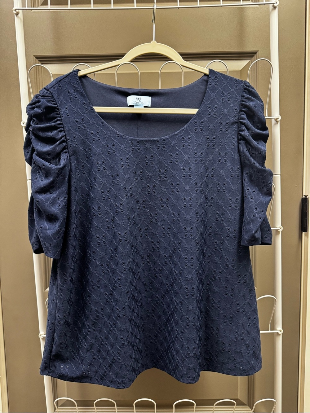 CeCe Navy Eyelet Puff-Sleeve Top